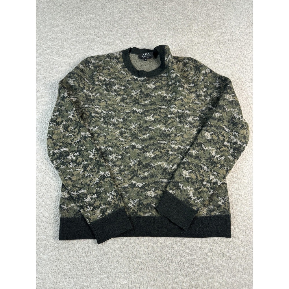 A.P.C.‎ Sweater Womens Medium Green Camo 100% Virgin Wool Crewneck Knit Pullover